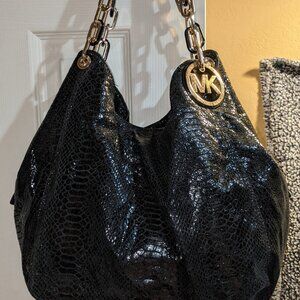 MICHAEL KORS FULTON SHOULDER HANDBAG SNAKE BLACK LEATHER SILVER HARDWARE